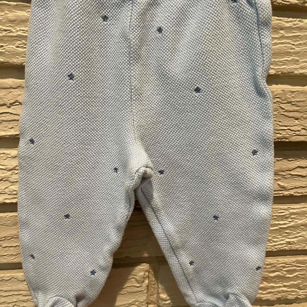 Little Me Light Blue Knit Baby Pants with footies and embroidered stars